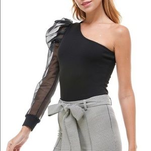 One Shoulder Organza Sleeve Bodysuit